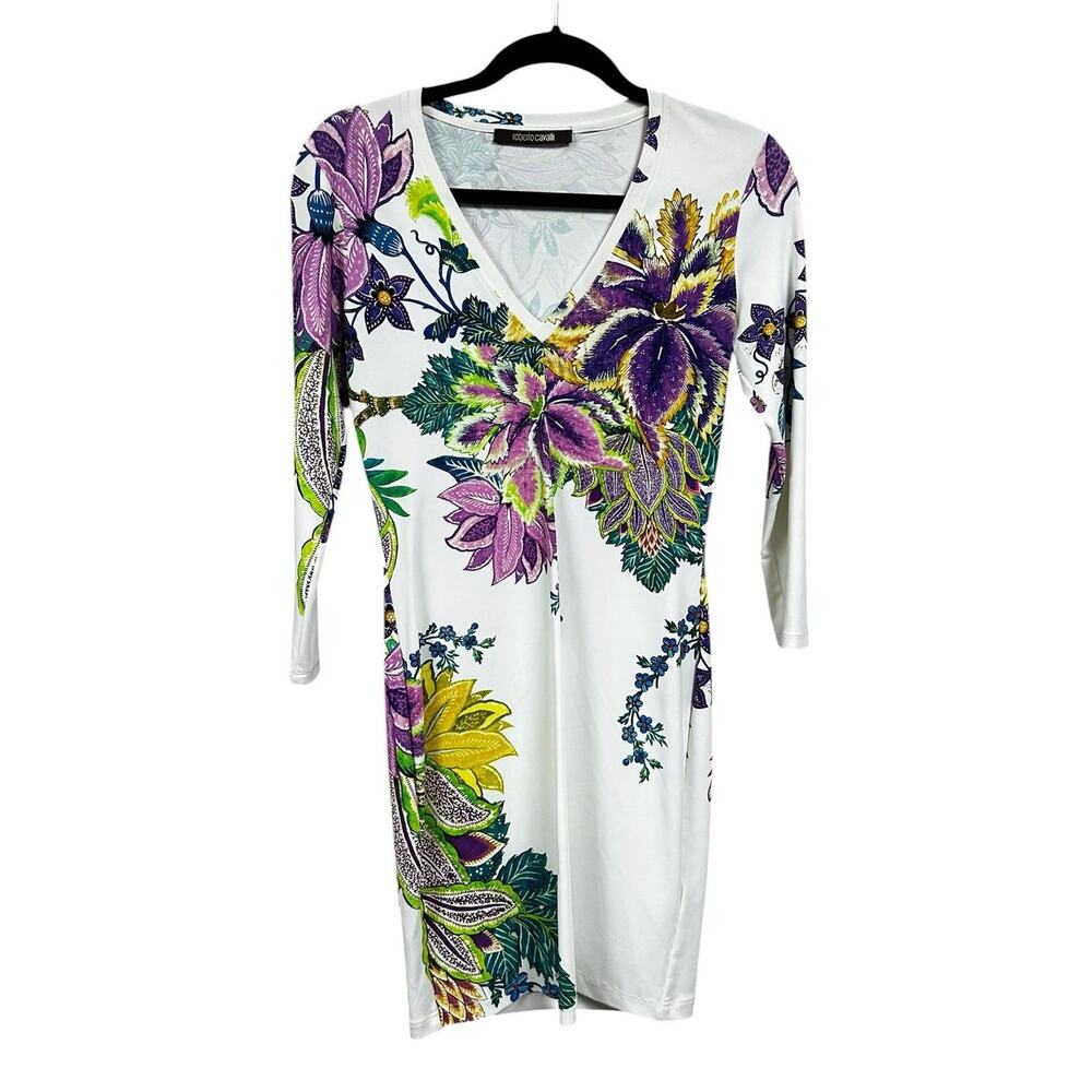 Roberto Cavalli White Multi Floral Print V Neck Dress Womens 40 / US 4 AS IS